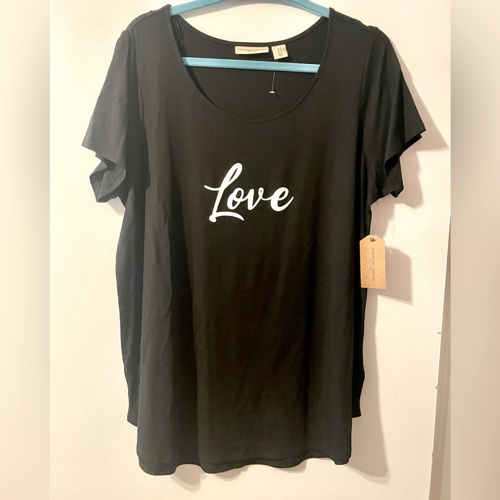 4/$25 Christian Siriano Black t shirt with Love in white